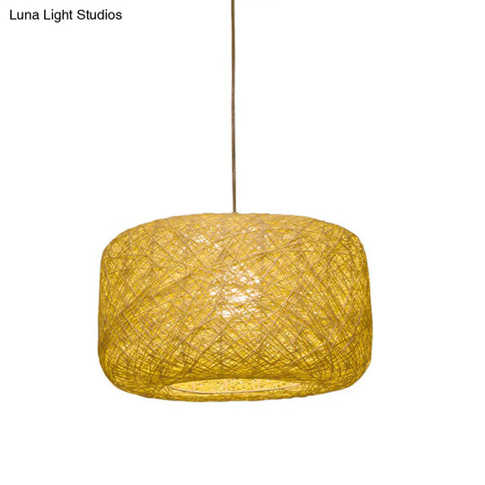 Asian Rattan Drum Pendant Light Fixture With Flaxen Lampshade - 1 Bulb Hanging Kit