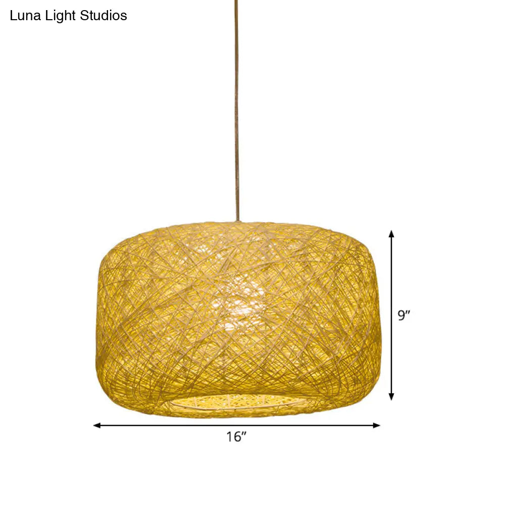 Asian Rattan Drum Pendant Light Fixture With Flaxen Lampshade - 1 Bulb Hanging Kit