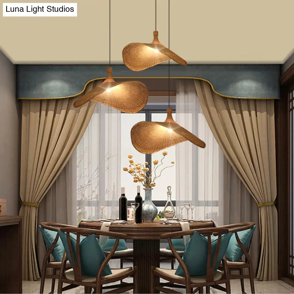 Asian Style Bamboo Ceiling Light: Hat Shape Wood Hanging Fixture For Restaurants / 16