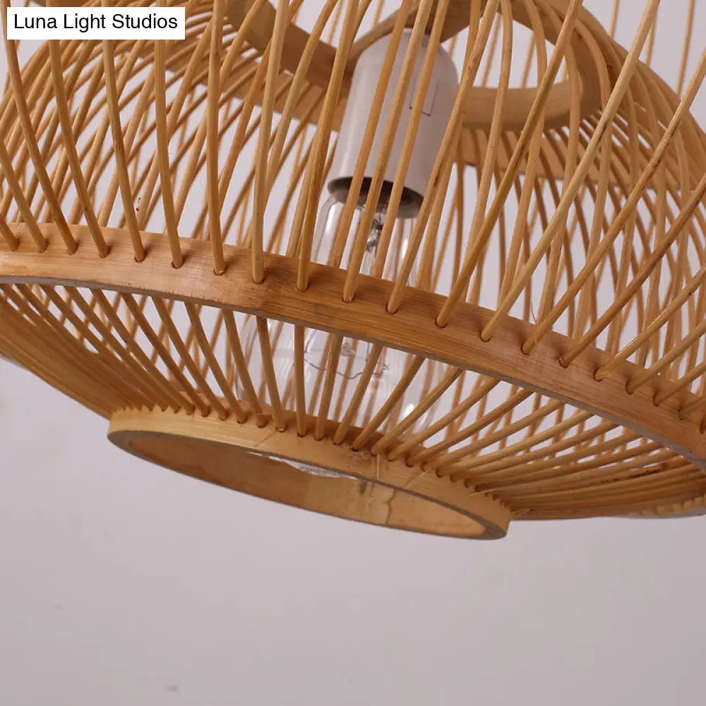 Asian Style Bamboo Ceiling Light With Globe Shade - 1 Bulb Wood Hanging Lamp For Tea Room