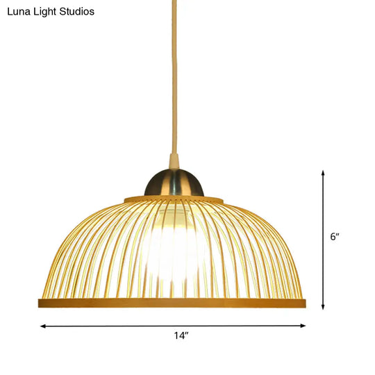 Asian Style Bamboo Dome Pendant Light For Tearoom - Single Bulb Beige