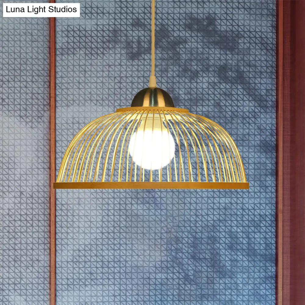Asian Style Bamboo Dome Pendant Light For Tearoom - Single Bulb Beige
