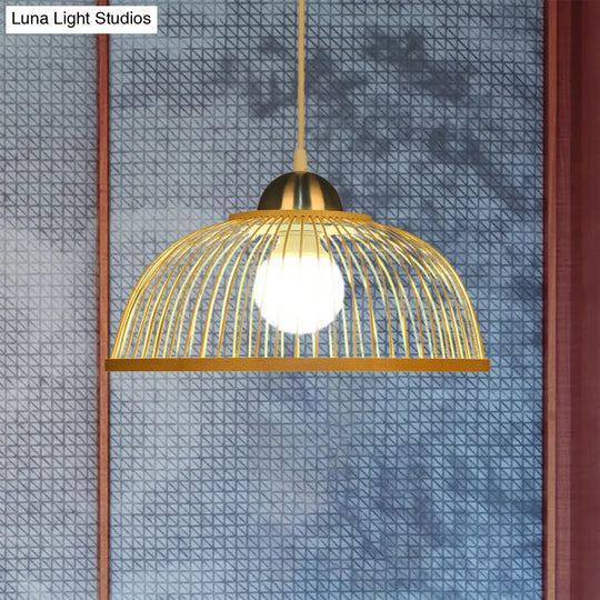 Asian Style Bamboo Dome Pendant Light For Tearoom - Single Bulb Beige
