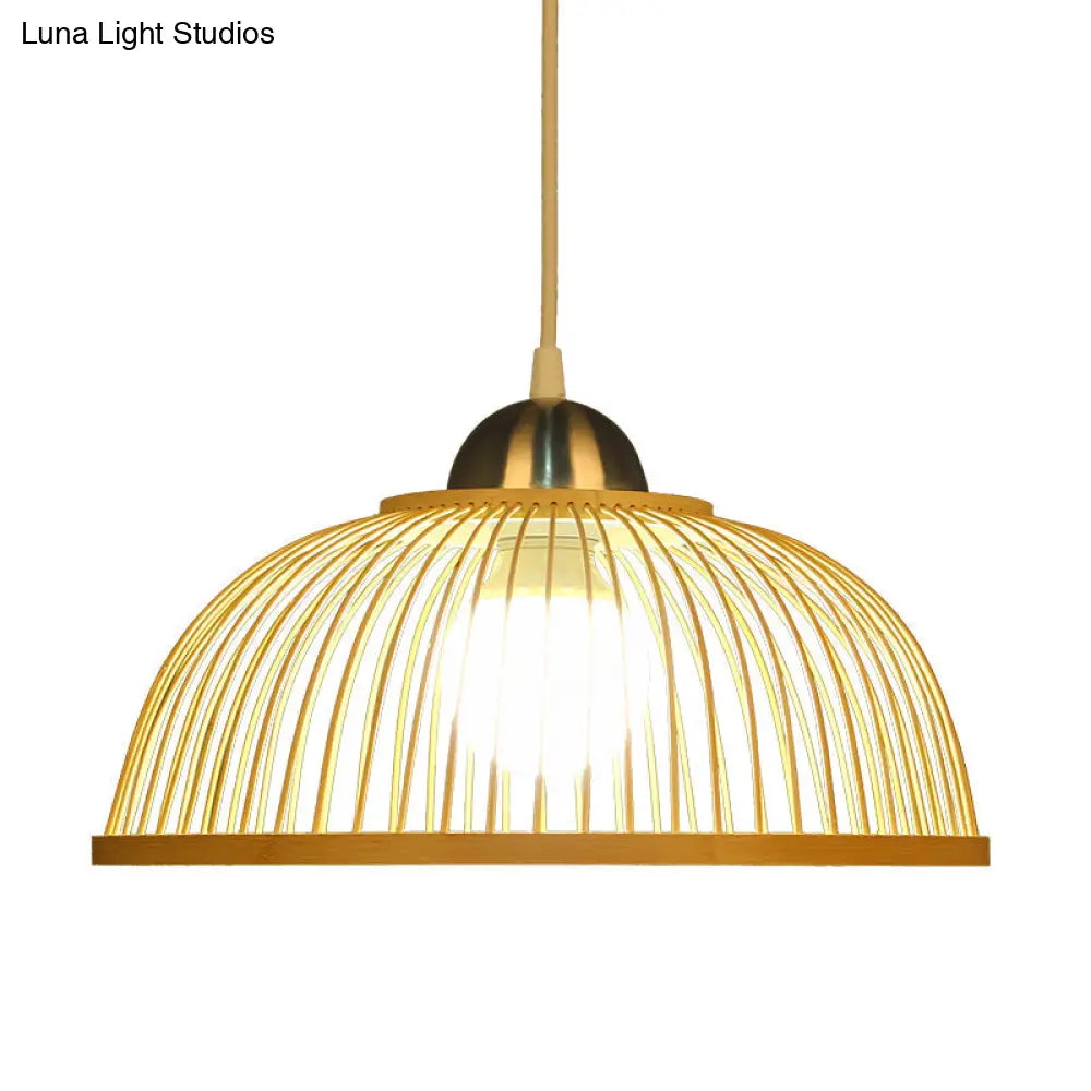 Asian Style Bamboo Dome Pendant Light For Tearoom - Single Bulb Beige