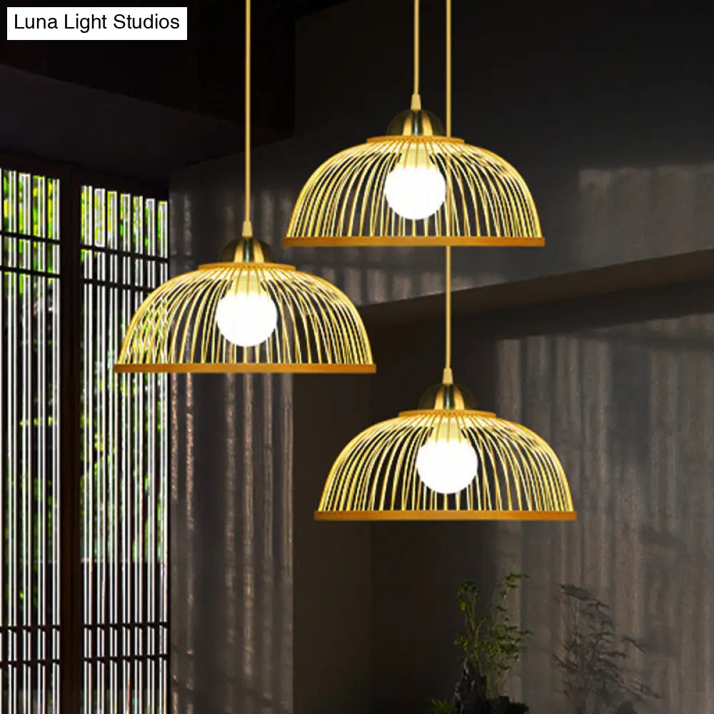 Asian Style Bamboo Dome Pendant Light For Tearoom - Single Bulb Beige