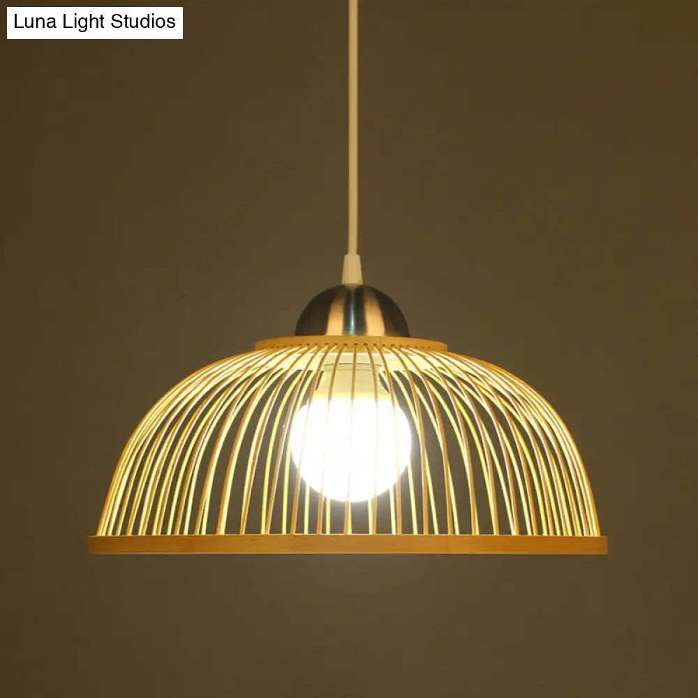 Asian Style Bamboo Dome Pendant Light For Tearoom - Single Bulb Beige