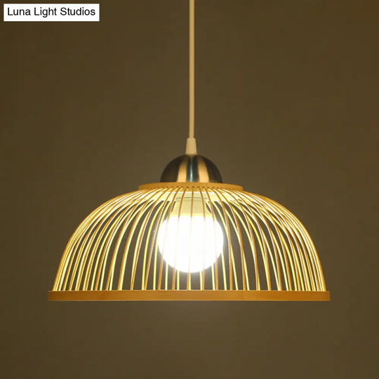Asian Style Bamboo Dome Pendant Light For Tearoom - Single Bulb Beige