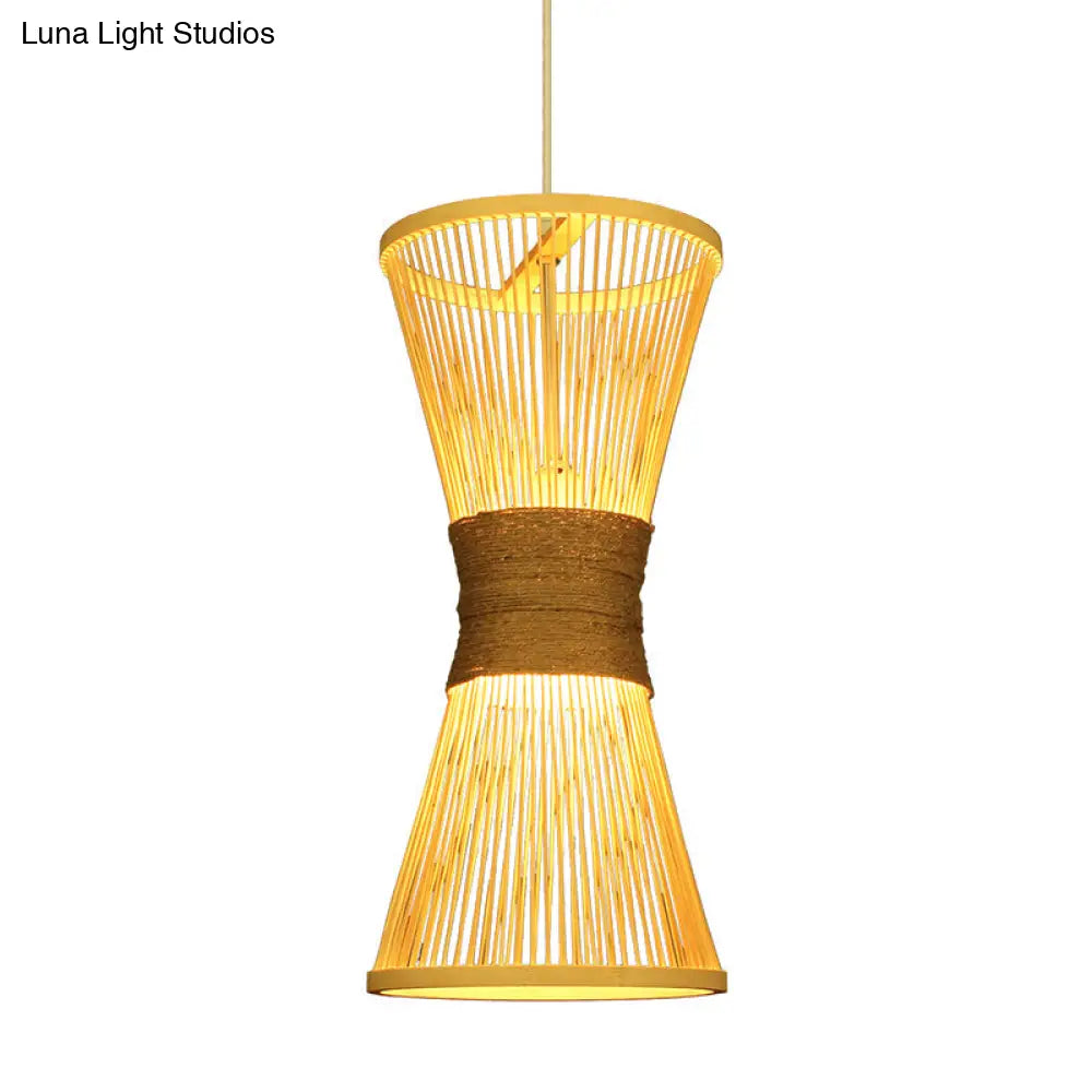 Asian Style Bamboo Hourglass Hanging Lamp - Single Bulb Beige Pendant Light
