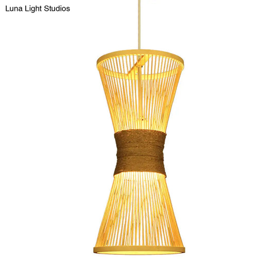 Asian Style Bamboo Hourglass Hanging Lamp - Single Bulb Beige Pendant Light
