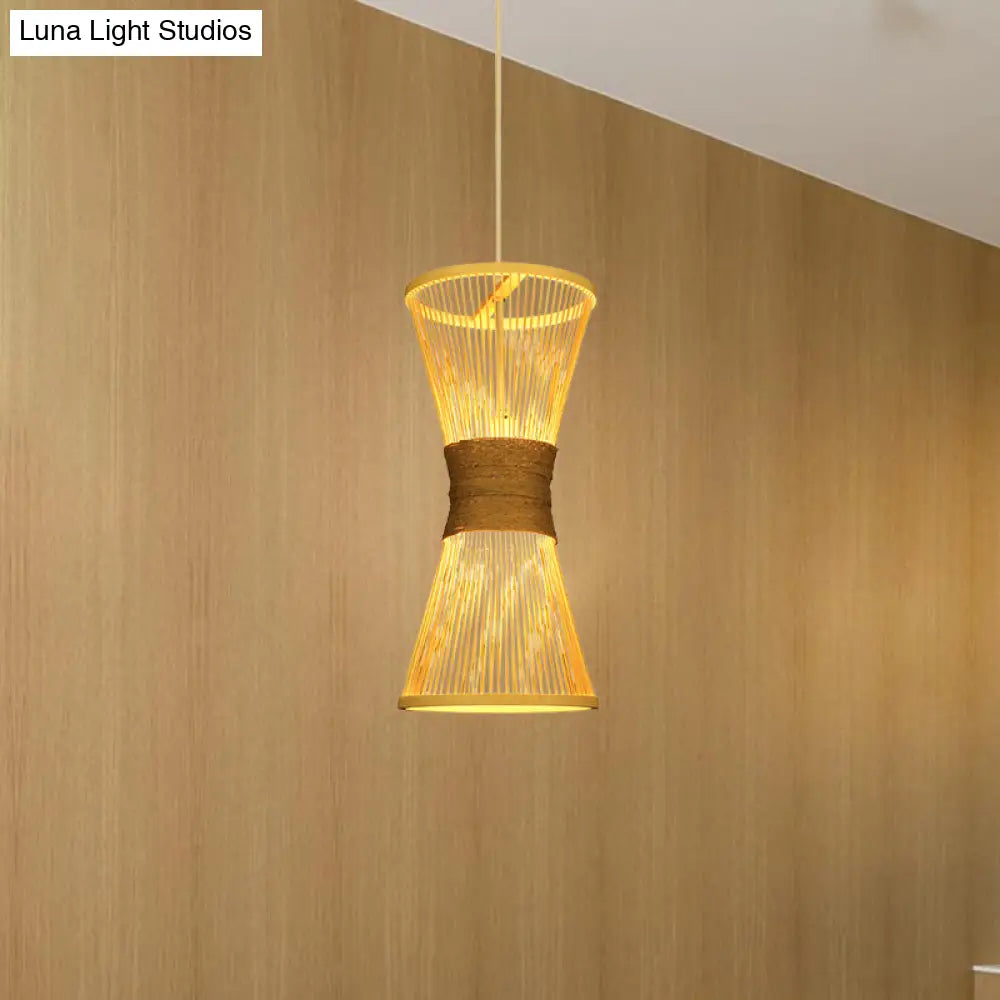 Asian Style Bamboo Hourglass Hanging Lamp - Single Bulb Beige Pendant Light