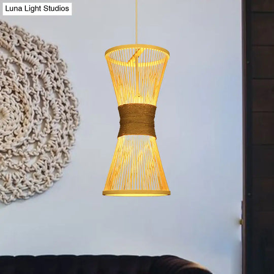 Asian Style Bamboo Hourglass Hanging Lamp - Single Bulb Beige Pendant Light