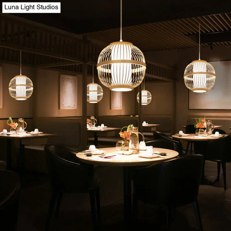 Asian Style Bamboo Lantern Tea Room Ceiling Light Fixture - Wood Hanging With 1-Bulb