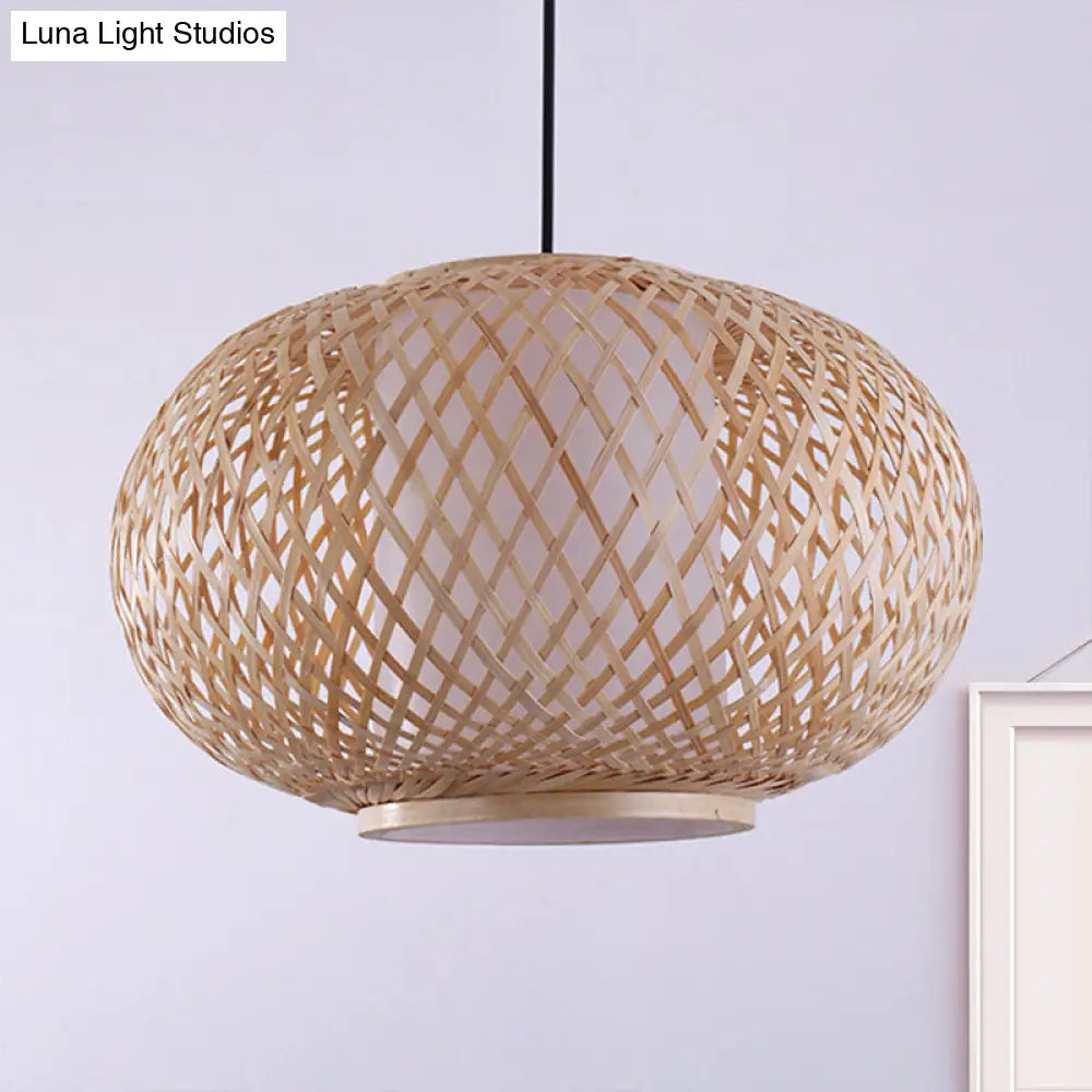 Asian Style Bamboo Pendant Light With Cross Woven Design And Curved Drum Shape For Restaurant