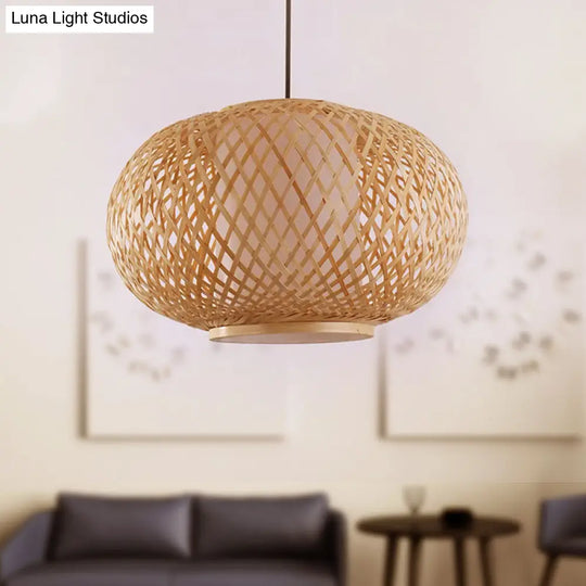 Asian Style Bamboo Pendant Light With Cross Woven Design And Curved Drum Shape For Restaurant