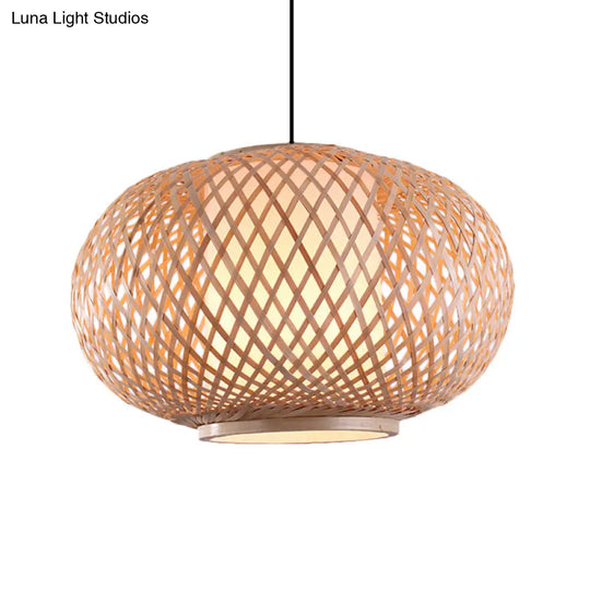 Asian Style Bamboo Pendant Light With Cross Woven Design And Curved Drum Shape For Restaurant