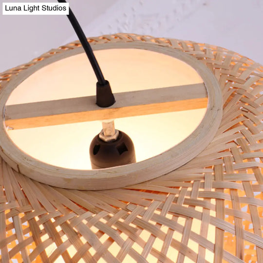 Asian Style Bamboo Pendant Light With Cross Woven Design And Curved Drum Shape For Restaurant