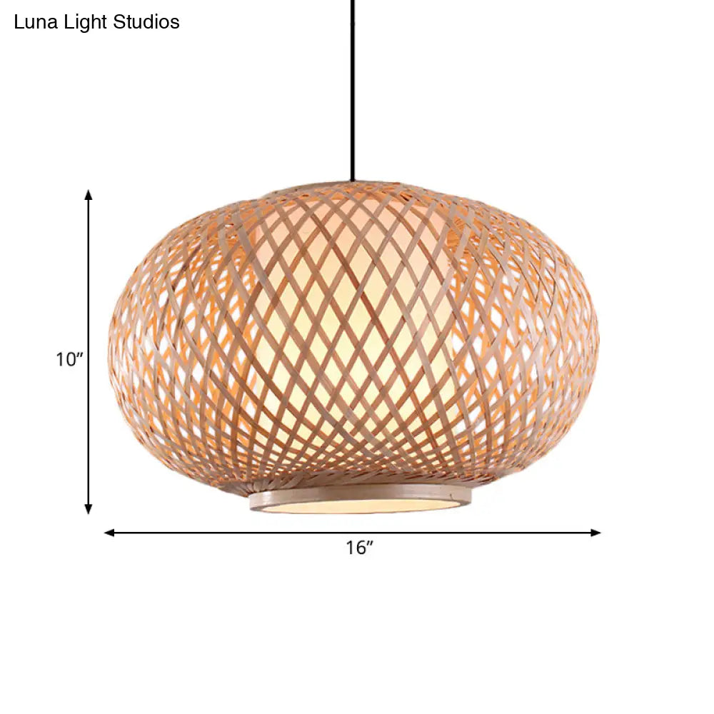 Asian Style Bamboo Pendant Light With Cross Woven Design And Curved Drum Shape For Restaurant