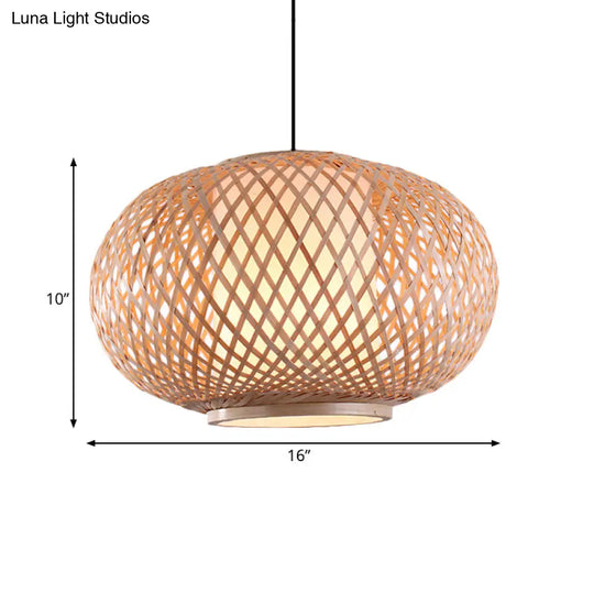 Asian Style Bamboo Pendant Light With Cross Woven Design And Curved Drum Shape For Restaurant