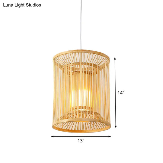 Asian Style Bamboo Pendant With Diamond Drum And Barrel Drops - 1-Light Hanging Light Kit For