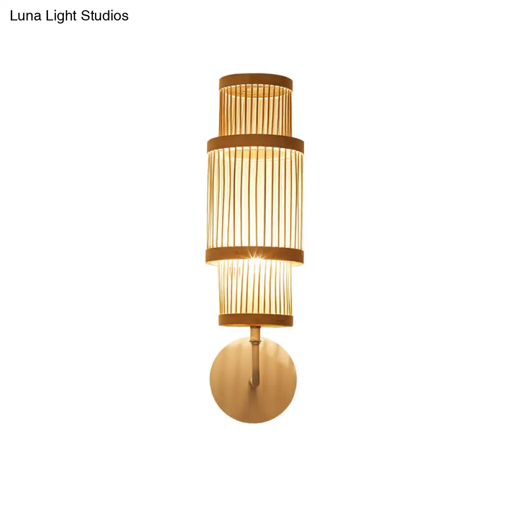 Asian Style Bamboo Wall Lamp Cylinder Fixture Single Bulb Wood Lighting With Curved Arm Ideal For
