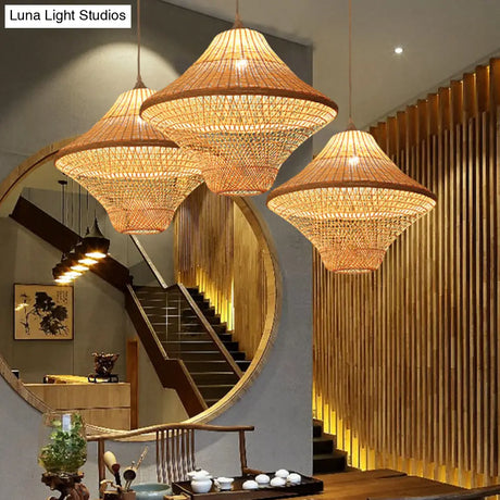 Asian Style Beige Diamond Pendant Bamboo Hanging Light For Tearoom With 1 Bulb