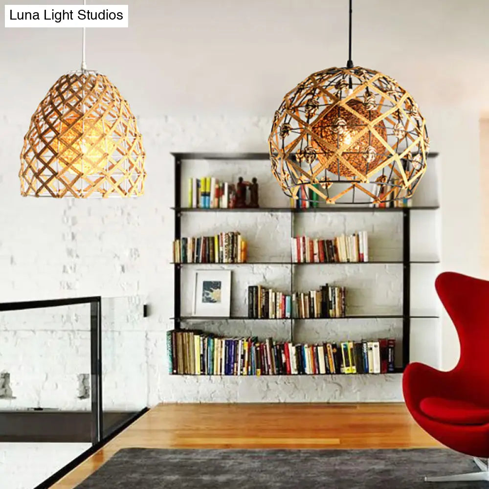 Asian Style Beige Pendant Light With Metal & Rope For Cottage