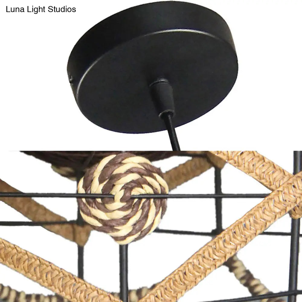 Asian Style Beige Pendant Light With Metal & Rope For Cottage