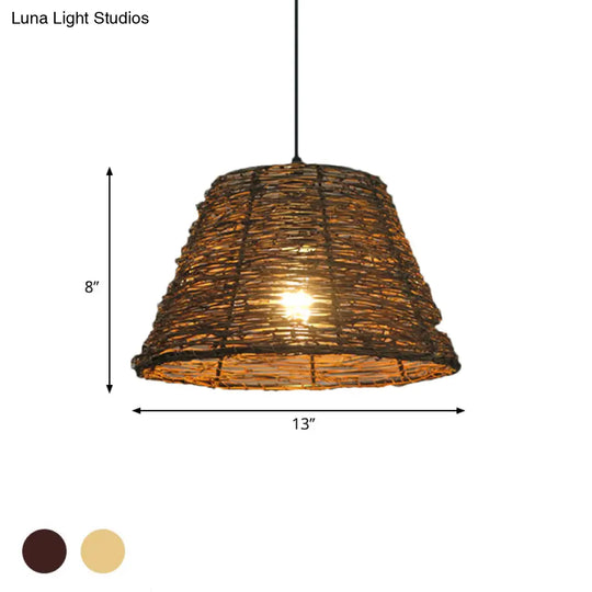 Asian Style Conic Rattan Pendant Light With 1 Bulb - Beige/Brown Restaurant Ceiling Lighting