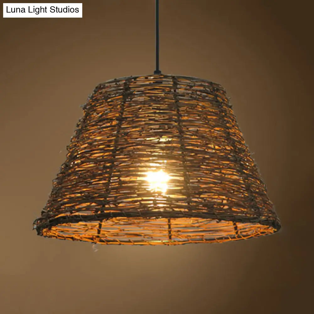 Asian Style Conic Rattan Pendant Light With 1 Bulb - Beige/Brown Restaurant Ceiling Lighting