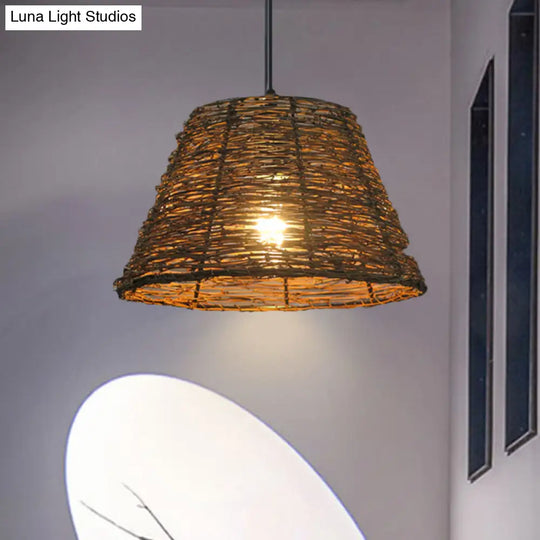 Asian Style Conic Rattan Pendant Light With 1 Bulb - Beige/Brown Restaurant Ceiling Lighting