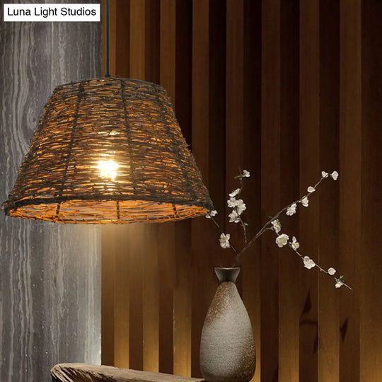 Asian Style Conic Rattan Pendant Light With 1 Bulb - Beige/Brown Restaurant Ceiling Lighting