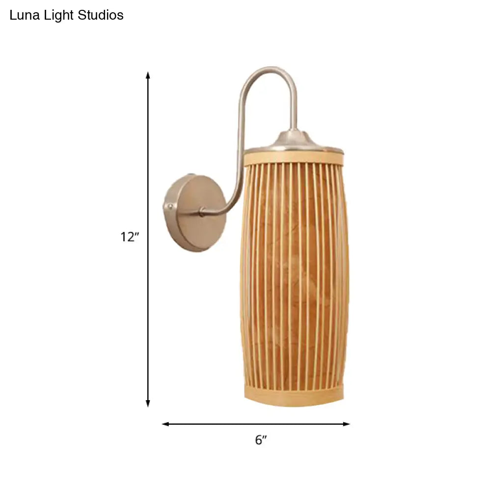 Asian Style Cylinder Bamboo And Metal Wall Lamp With Gooseneck Arm - 1 Bulb Beige Shade
