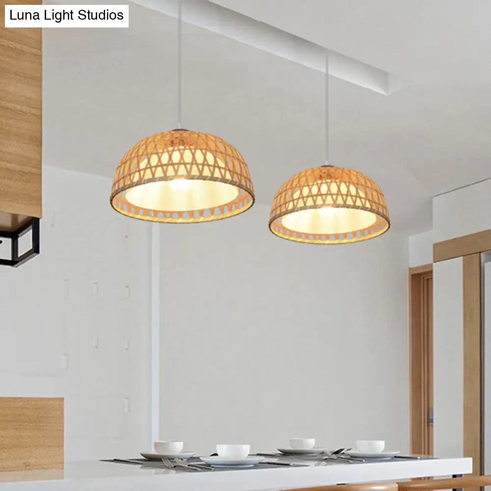 Wooden Asian Pendant Light For Restaurants - Dome Shaped Ceiling Hanging Lamp Beige 1-Light