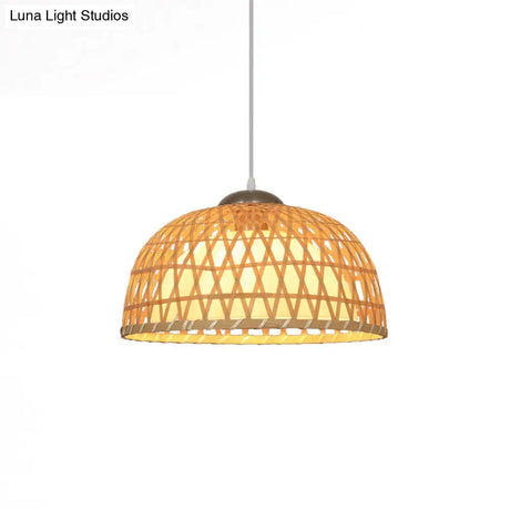 Asian Style Dome Wood Pendant Light For Restaurants - Beige