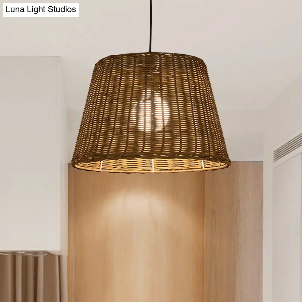 Asian Style Rattan Bucket Shade Pendant Light Beige 9.5/13 Width - Ideal For Dining Room