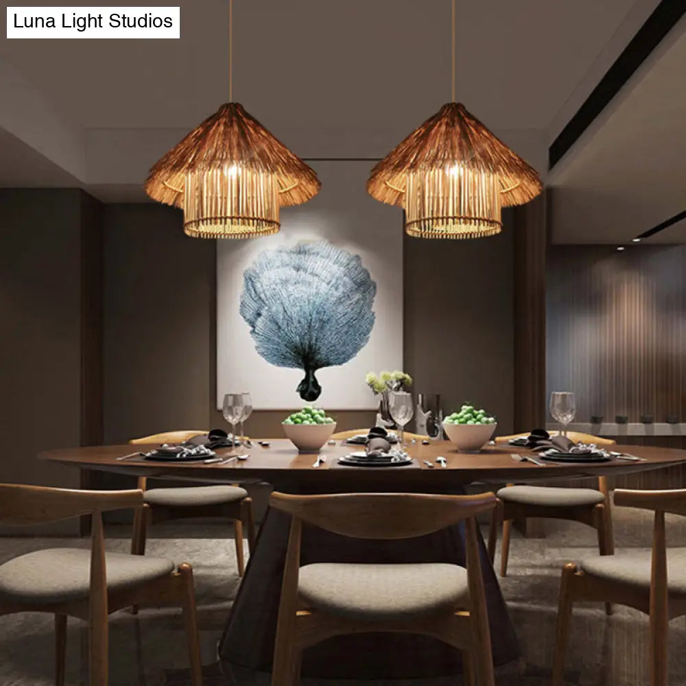 Asian Style Rattan Ceiling Light Fixture With Wood Detailing - Ideal For Restaurants