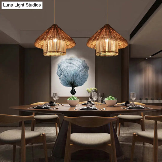 Asian Style Rattan Ceiling Light Fixture With Wood Detailing - Ideal For Restaurants