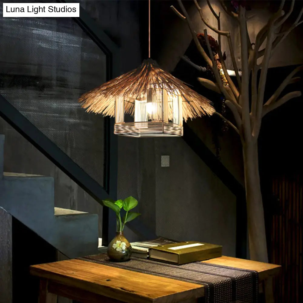Asian Style Rattan Ceiling Light Fixture With Wood Detailing - Ideal For Restaurants