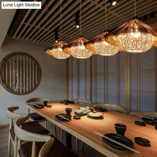 Asian Style Rattan Ceiling Light Fixture With Wood Detailing - Ideal For Restaurants