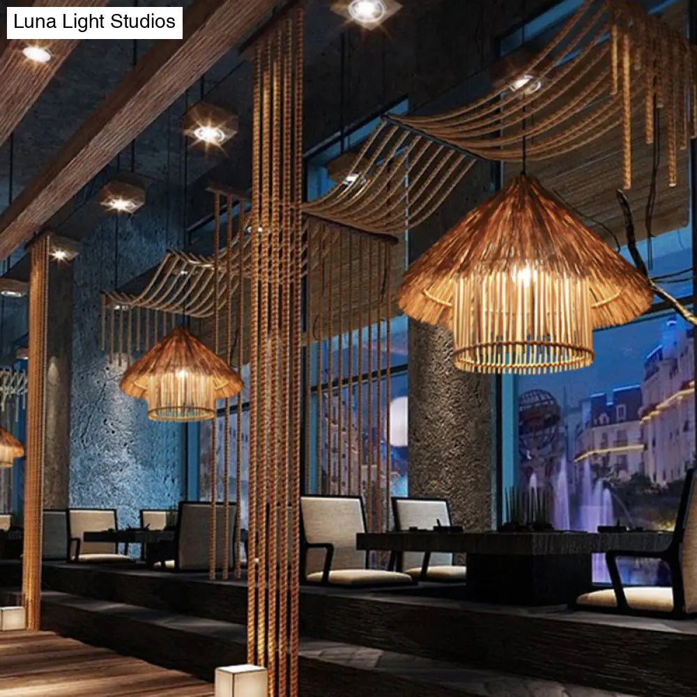 Asian Style Rattan Ceiling Light Fixture With Wood Detailing - Ideal For Restaurants