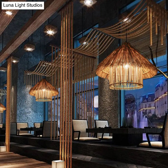 Asian Style Rattan Ceiling Light Fixture With Wood Detailing - Ideal For Restaurants