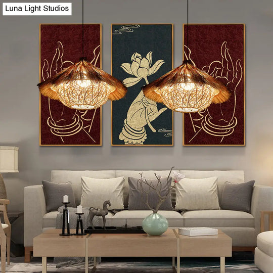 Asian Style Rattan Ceiling Light Fixture With Wood Detailing - Ideal For Restaurants