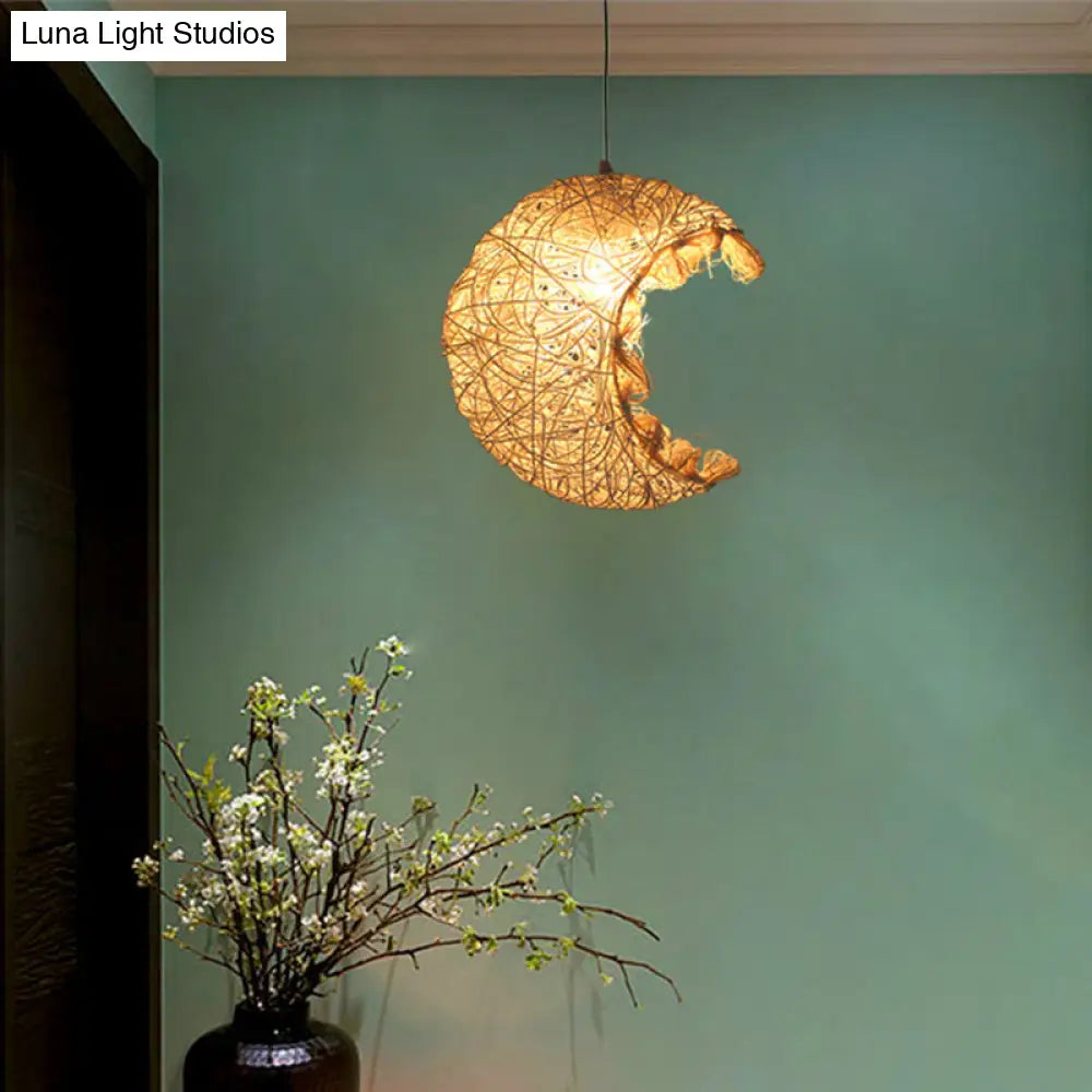 Asian Style Rattan Ceiling Light Fixture With Wood Detailing - Ideal For Restaurants