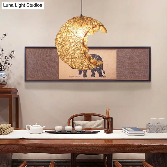 Asian Style Rattan Ceiling Light Fixture With Wood Detailing - Ideal For Restaurants