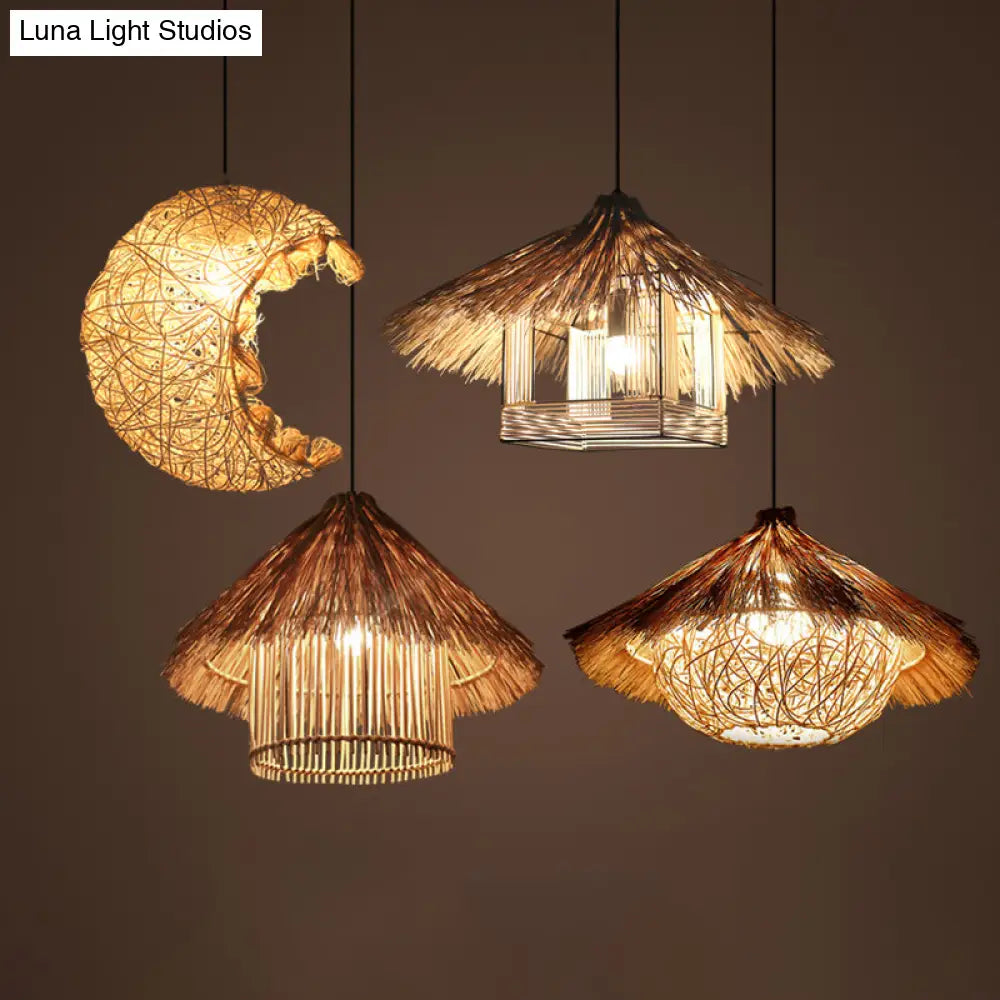 Asian Style Rattan Ceiling Light Fixture With Wood Detailing - Ideal For Restaurants