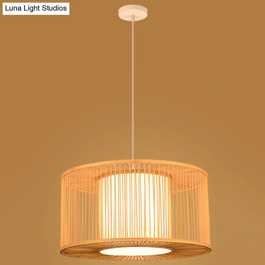 Asian Style Simplicity Pendant Lamp - Double Shade With Bamboo & Imitation Sheepskin Accent Wood /