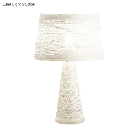 Asian Style Study Room Desk Light: White/Tan Reading Lamp With Rattan Shade