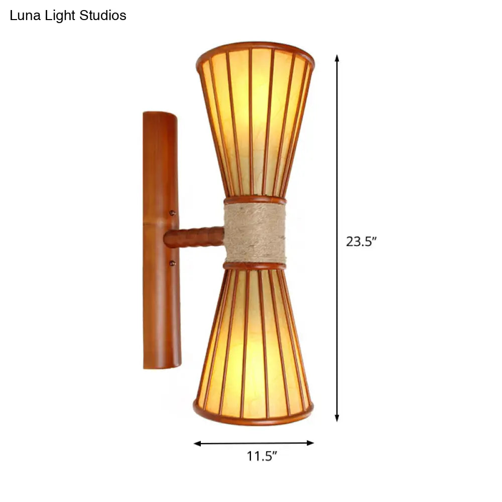 Asian Style Wall Mounted Bamboo Lamps With 2 Heads For Restaurants: Red Brown Hourglass Design