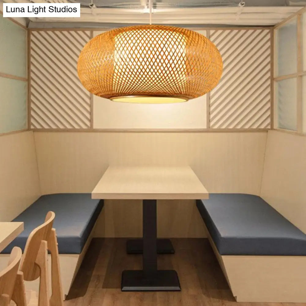 Asian Style Wood Pumpkin Shaded Ceiling Light With Bamboo Hanging Fixture - 1Bulb / 16
