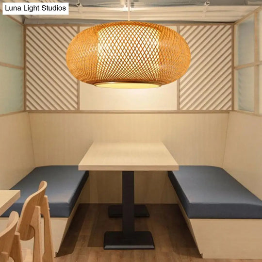 Asian Style Wood Pumpkin Shaded Ceiling Light With Bamboo Hanging Fixture - 1Bulb / 16
